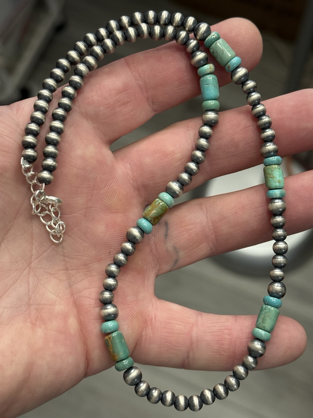 STERLING SILVER 5mm NAVAJO PEARL TURQUOISE CYLINDER BEADS BEADED NECKLACE .925