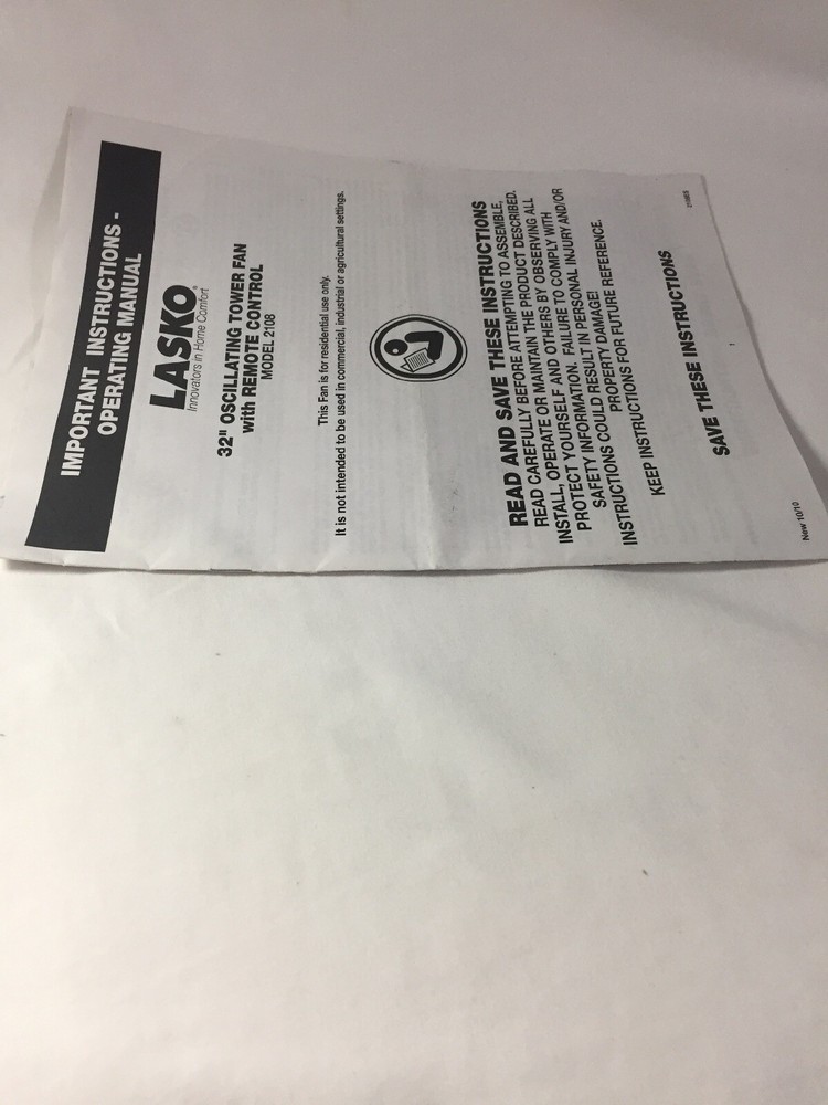Lasko 32" ~ Oscillating Tower Fan Remote Model 2108 Operating Manual (Eng-Span)
