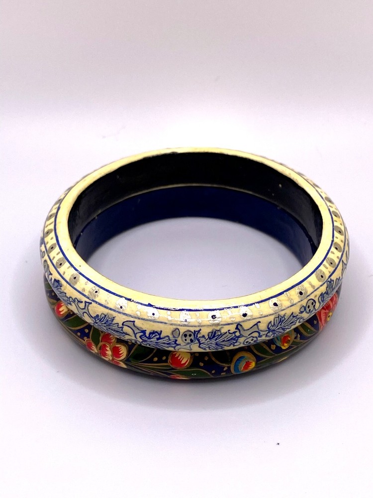 Artisan Bangle Bracelets (2) Hand Painted Blues Whites Reds Stackable