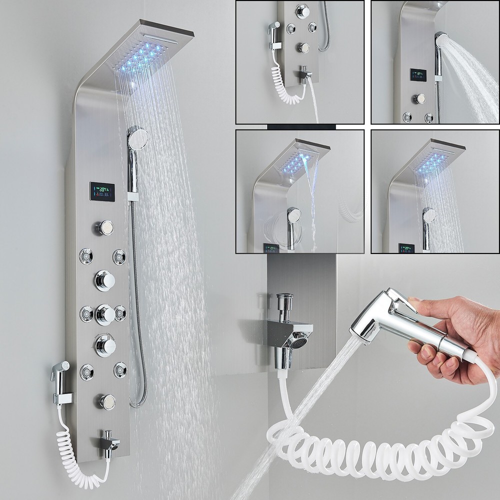 Brushed Nickel Shower Panel Tower System Rainfall Head Massage System Body Jet