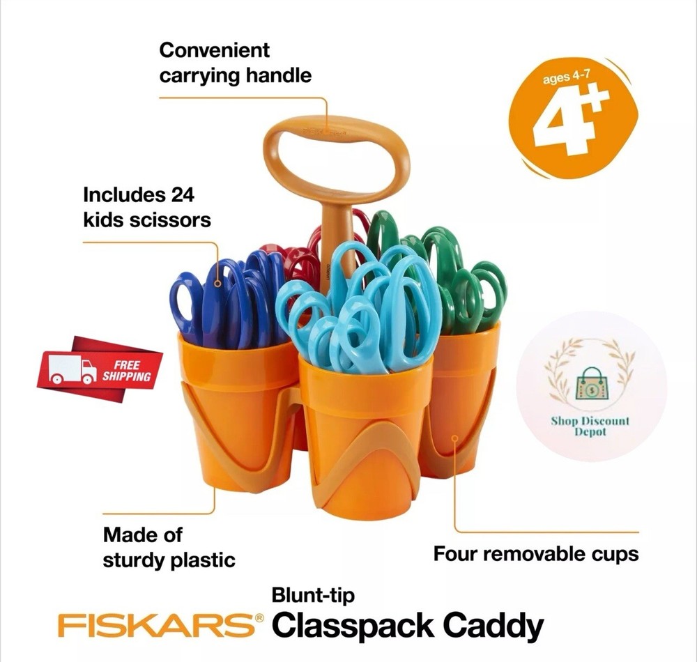 NEW OPEN BOX Fiskars Scissors & Caddy 24 Pack Includes 2 lefty Blunt Tip