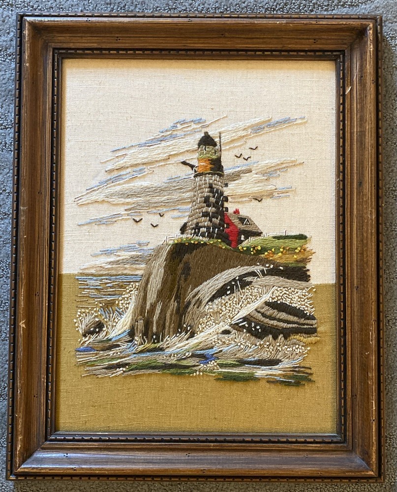 Vintage Lighthouse Needlepoint Framed MCM 19” X 15” Framed
