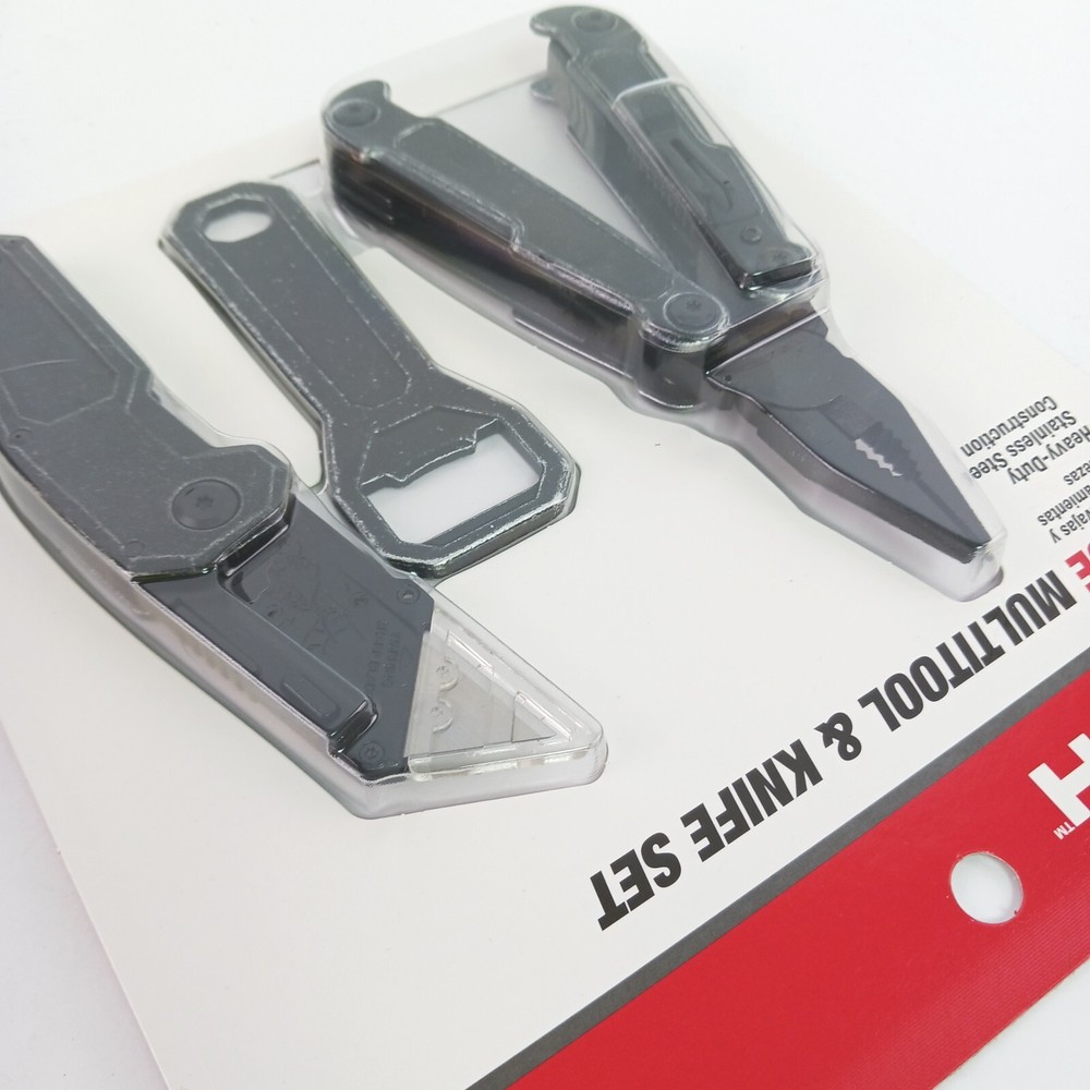 Multitool bundle w/ box knife & bottle opener. Black metal. Camping / Emergency
