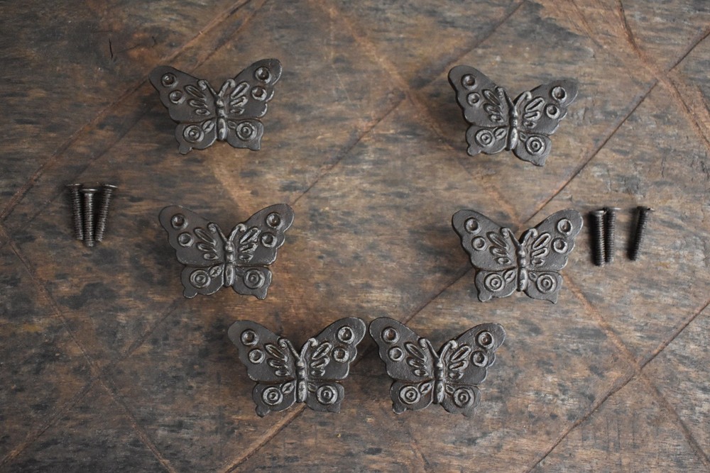 Iron door knobs Vintage Butterfly cabinet drawer handles pull rustic hardwr 6pc