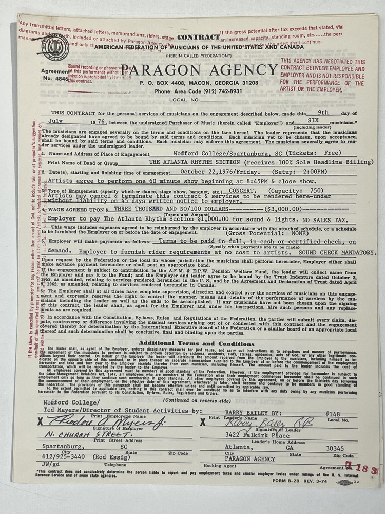 The Atlanta Rhythm Section Concert Contract 1976 Spartanburg SC