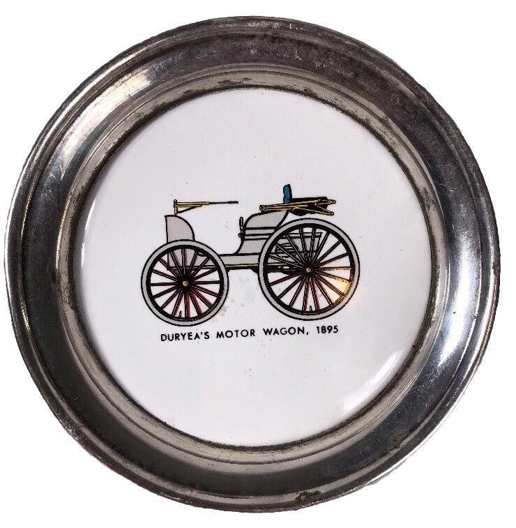 Vintage SHERIDAN Duryea's Motor Wagon COASTER Porcelain Base Silver Plated Case