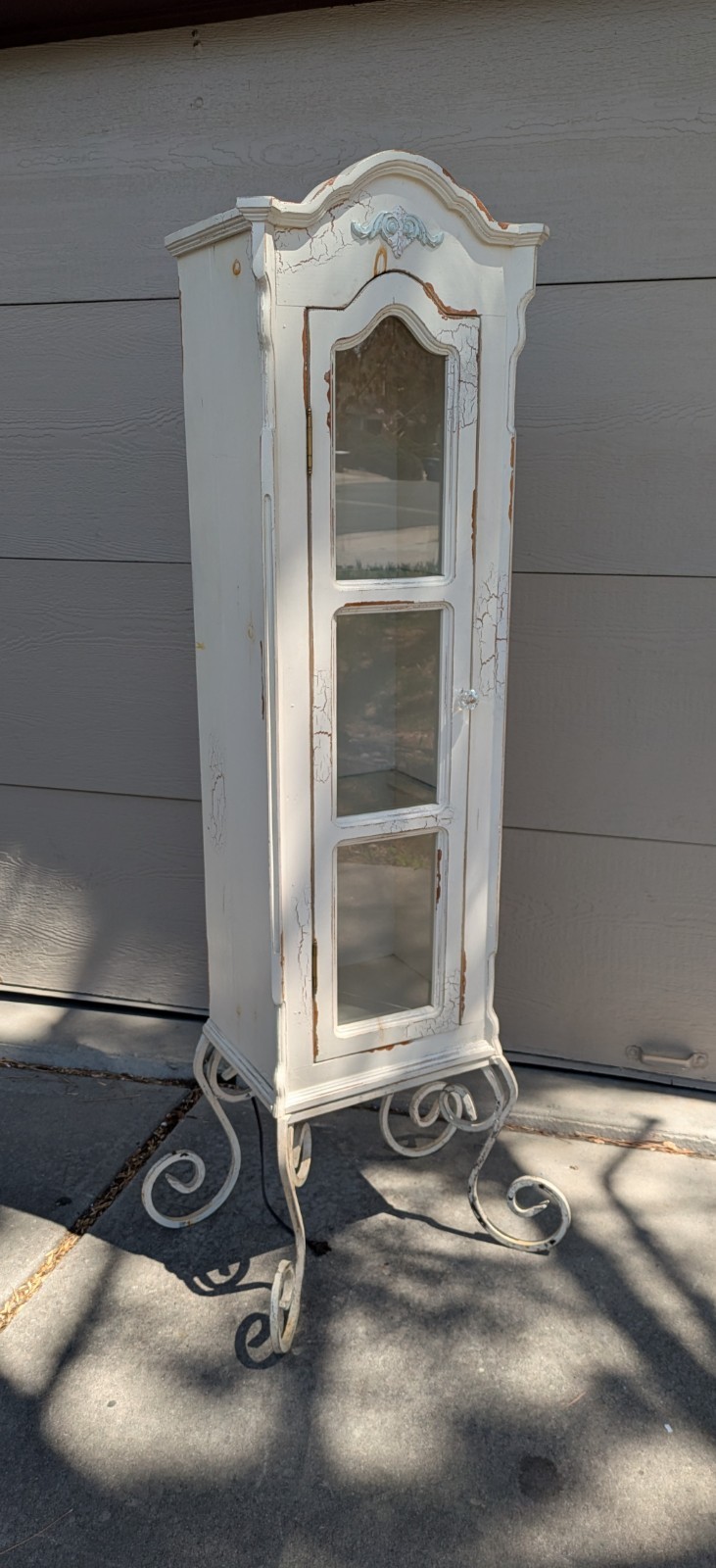 Vintage Shabby Chic French Country Cottage White Curio Display Cabinet Iron Legs