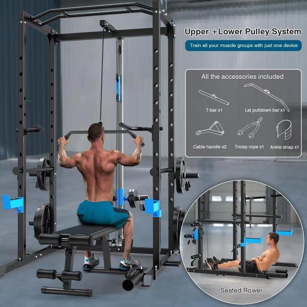 Power Rack Cage, Weight Rack with Dual Pulley Cable Crossover Machine,Multi-Func