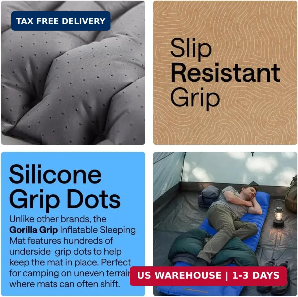 GORILLA GRIP Slip-Resistant Inflatable Sleeping Pad, Puncture Resistant Lightwei