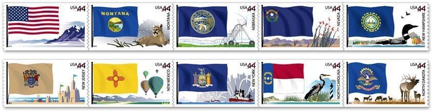 FLAGS OF OUR NATION 2010 SCOTT #4303-4312 SET 4 - MVF 44c US 10 STAMPS PN# STRIP