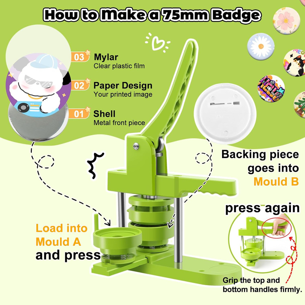 Button Maker Machine 75mm (3 in) Installation-Free, DIY Button Pin Maker Machine