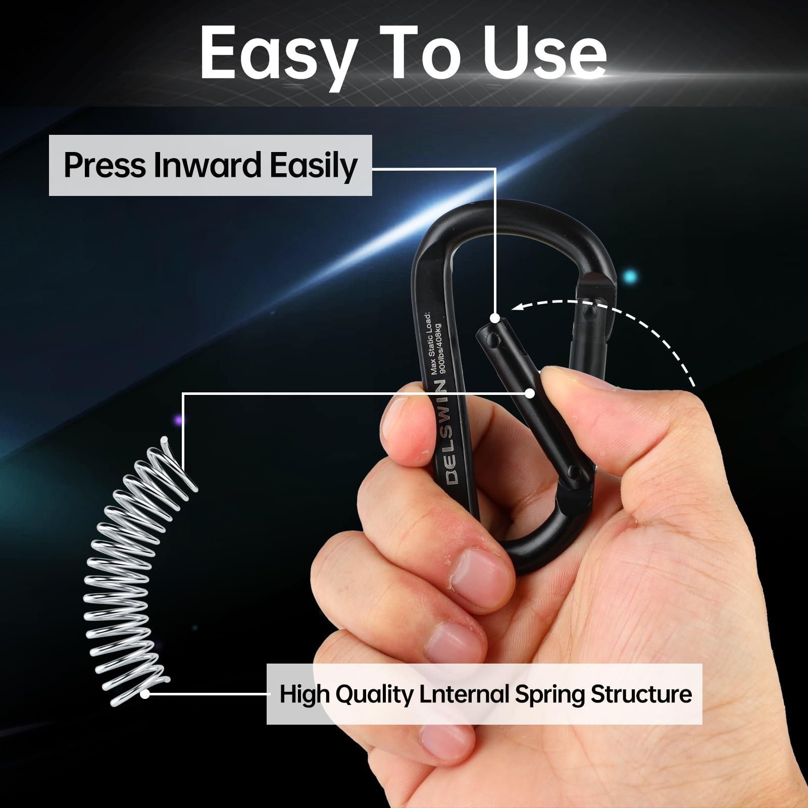 Heavy Duty Black Carabiner Clip - 900lbs 3" Steel Carabiners, Large D-Shaped ...