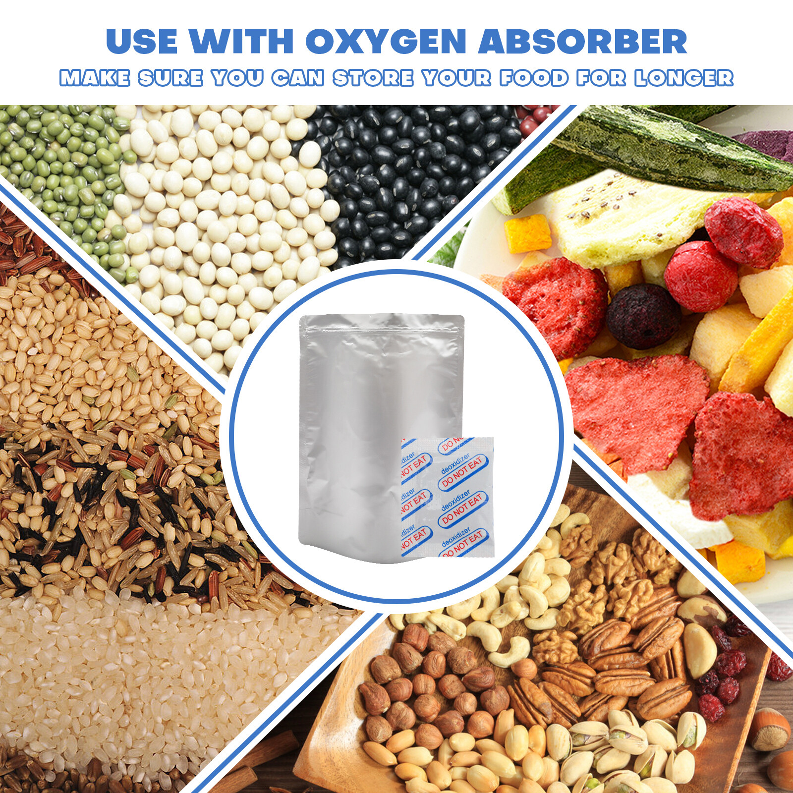 50/100pcs Mylar Bags 8.7Mil w/ Oxygen Absorbers Stand-Up Resealable Food Storage