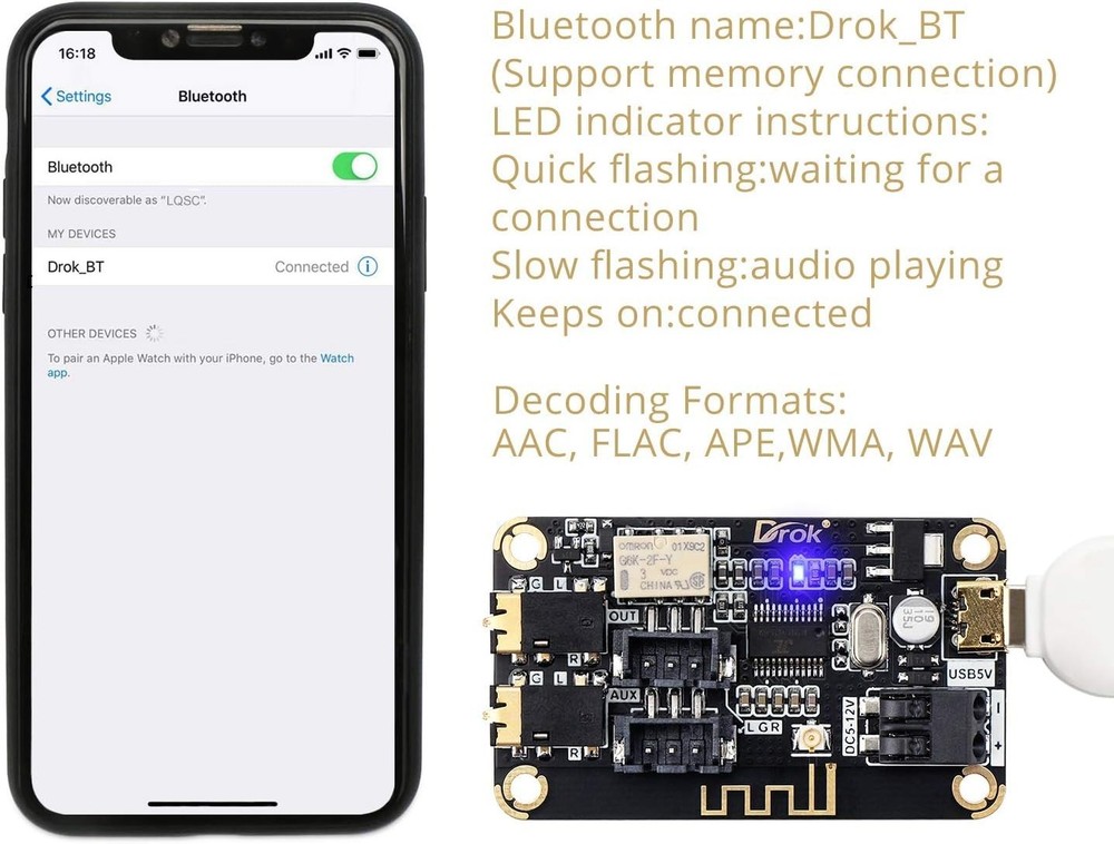Compact 12V Bluetooth 4.2 Receiver Module - Perfect for DIY Audio Projects