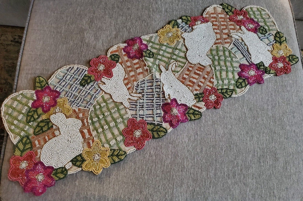 Easter Beaded Table Runner Pastel Bunny Eggs Floral
