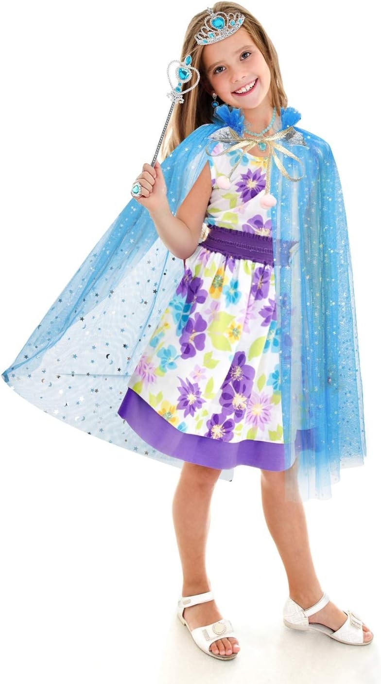 Princess Cape Set, 7 Pcs Girls Dress up Blue Cloak w/ Tiara Crown & Wand Costume