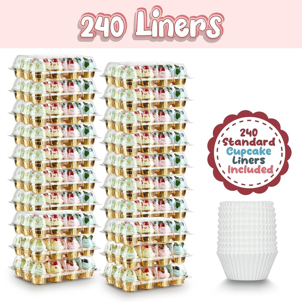 12 Pack x 20 Sets Stackable Cupcake Carrier with 240 Pack Liners, Plastic Cup...