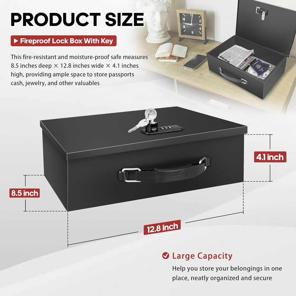 YIYITOOLS Fireproof Lock Box with Key and Combination Lock, Fire Safe Document B