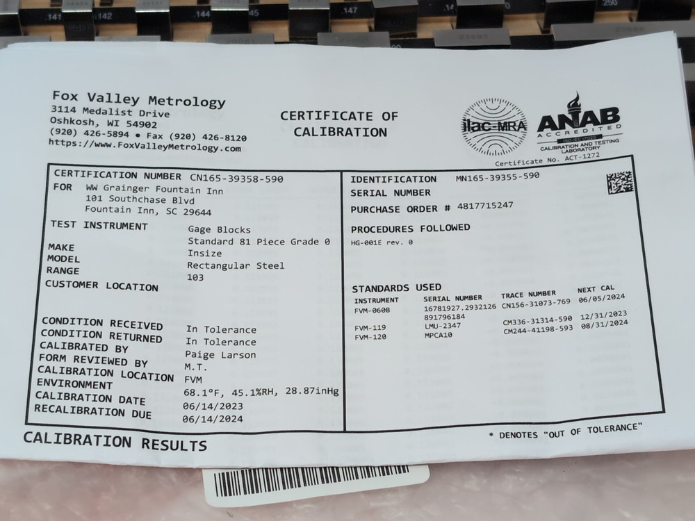 NEW Insize 4102-81 Gage Block Set Rectangular Shape Grade 0 w/cert from Fox V