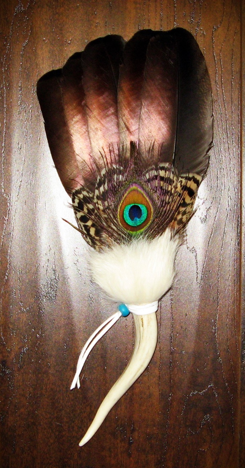BRONZED COPPER TURKEY NATIVE AMERICAN SMUDGE FEATHER FAN ANTLER