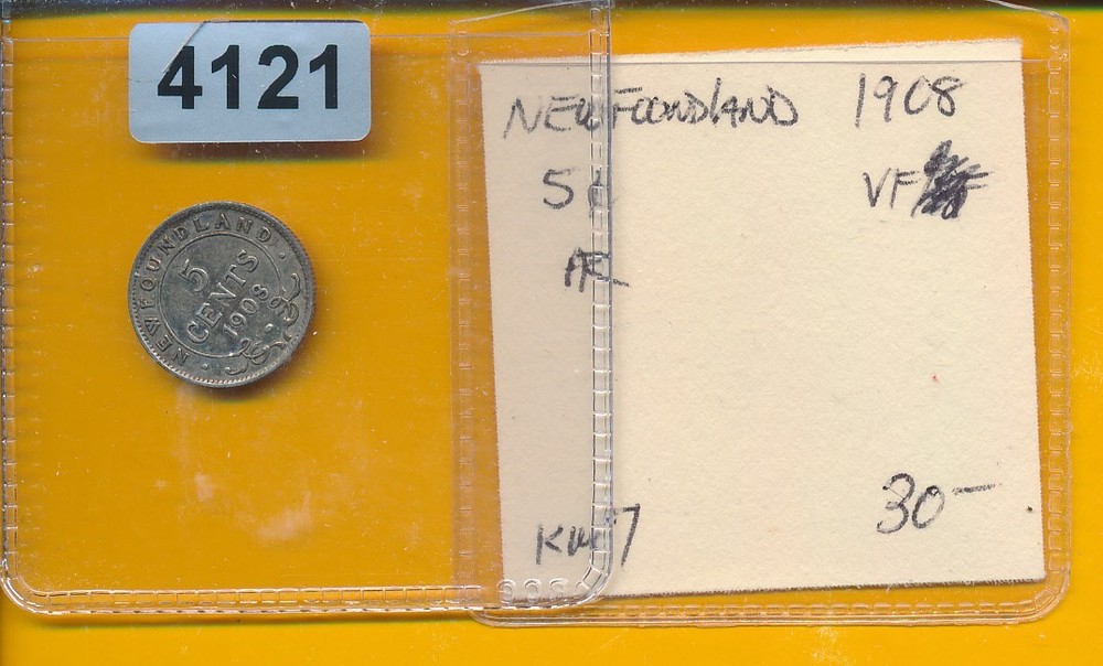 NEWFOUNDLAND - CANADA - 1908 SILVER 5 CENTS - #4121