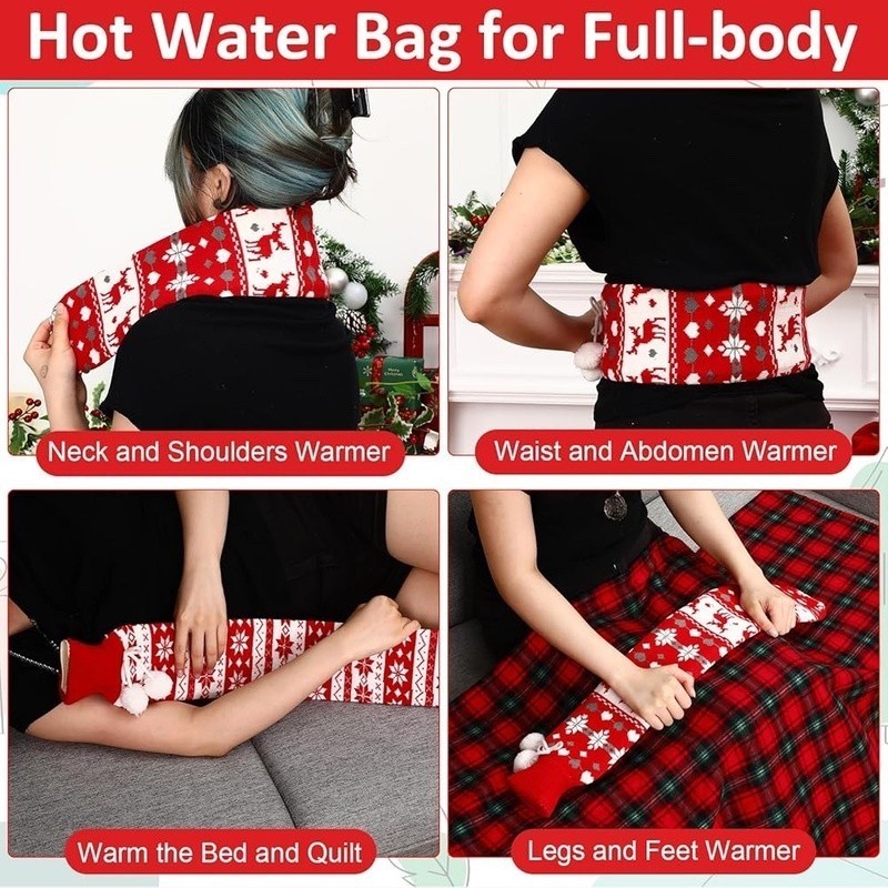 4 Pack Hot Water Bottle w/ Soft Cover, 2 Liter, Long, Natural Rubber, Christmas