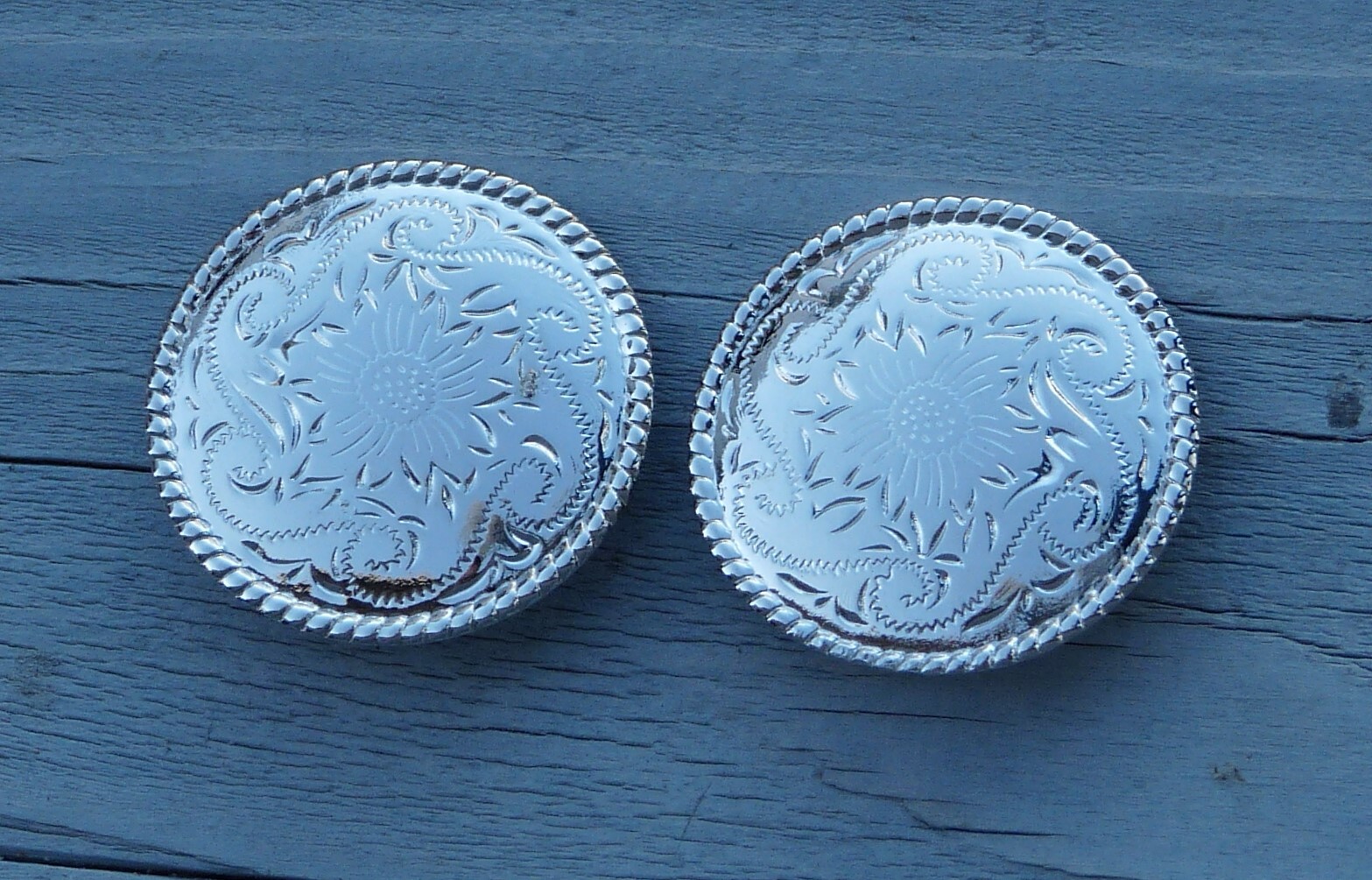 Lot of 2 Engraved Rope Edge Silver Nickel Concho 1-1/2" 3/4"