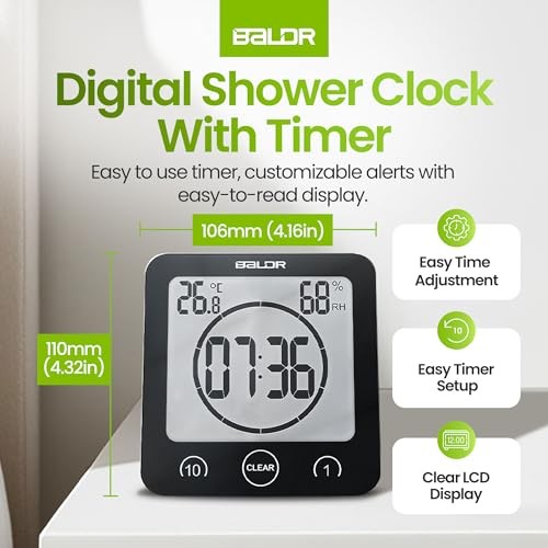 Digital Shower Clock with Timer - - Water-Resistant Shower Timer, Black