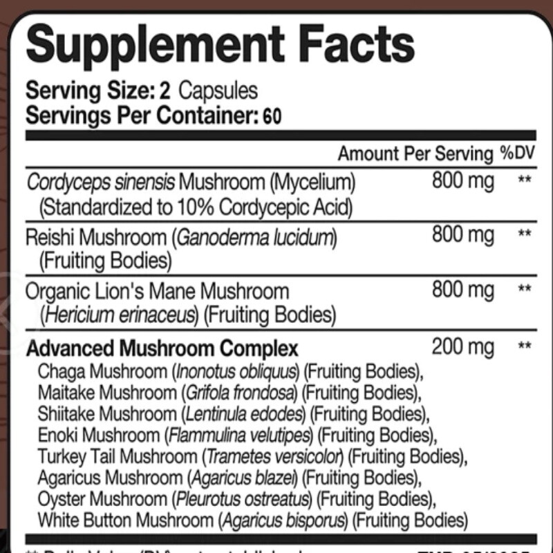 Mushroom Complex 120 Capsules Brain Support Increase Memory Immune Focus Health