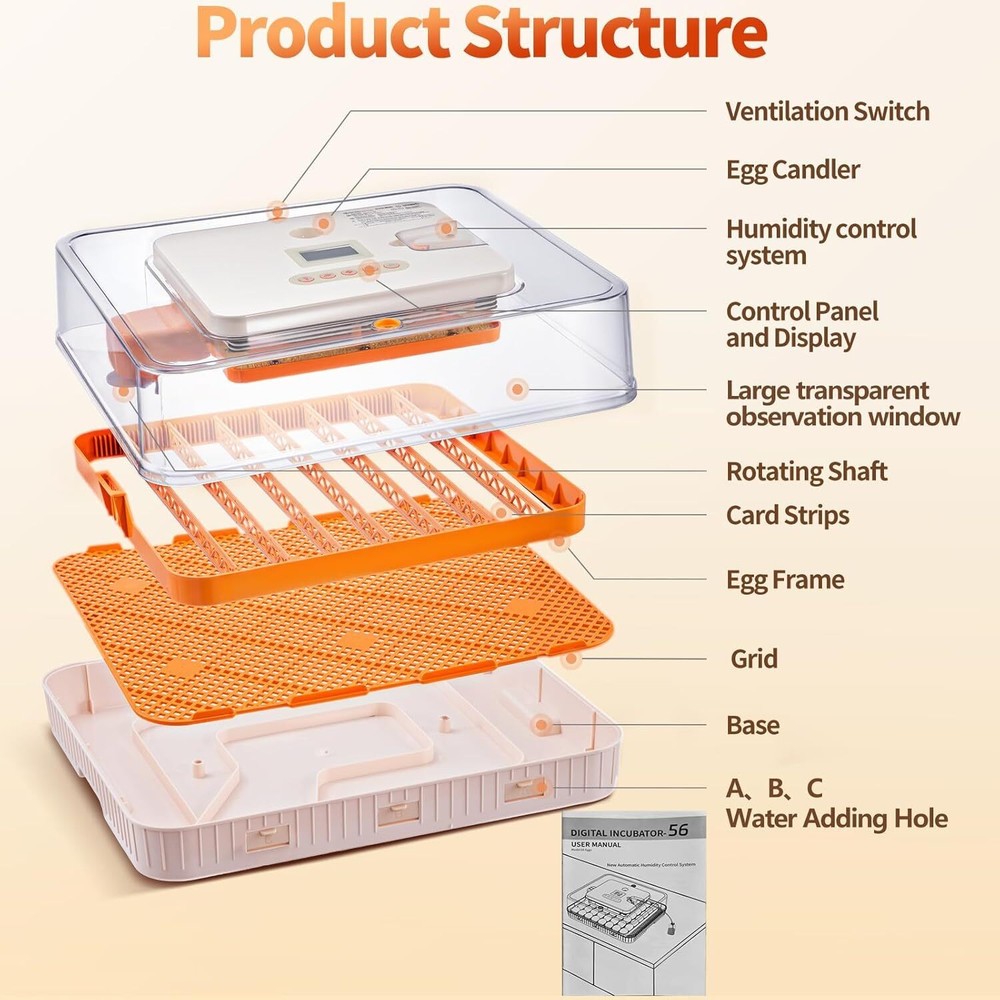 56 Egg Incubator with Auto-Turning, Hatching Temperature & Humidity Control