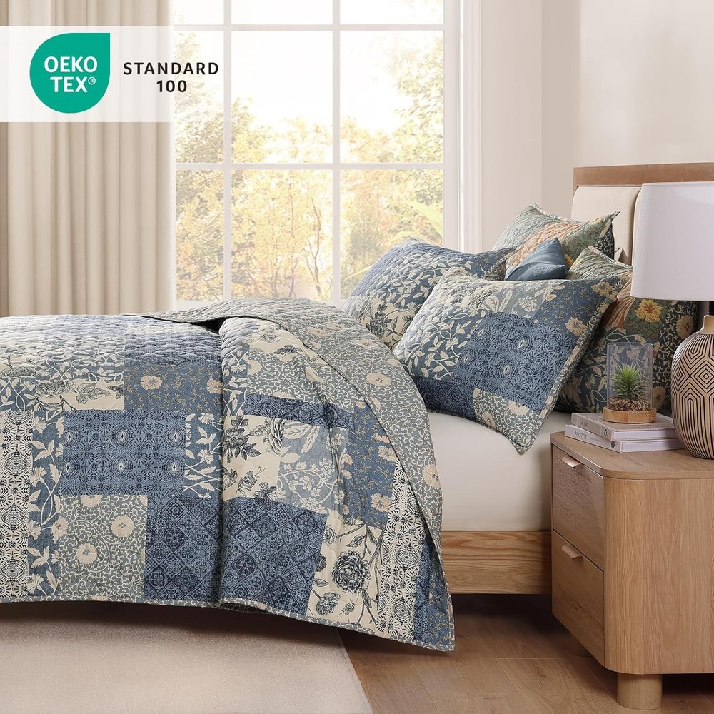 King Size Quilt Set 3 Pieces Patchwork Blue Quilt Bedding Set Lightweight King