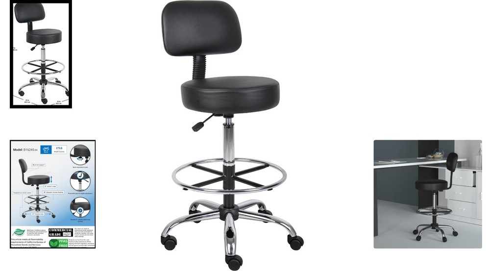 Durable Antimicrobial Vinyl Drafting Stool with Chrome Base - Black Elegance