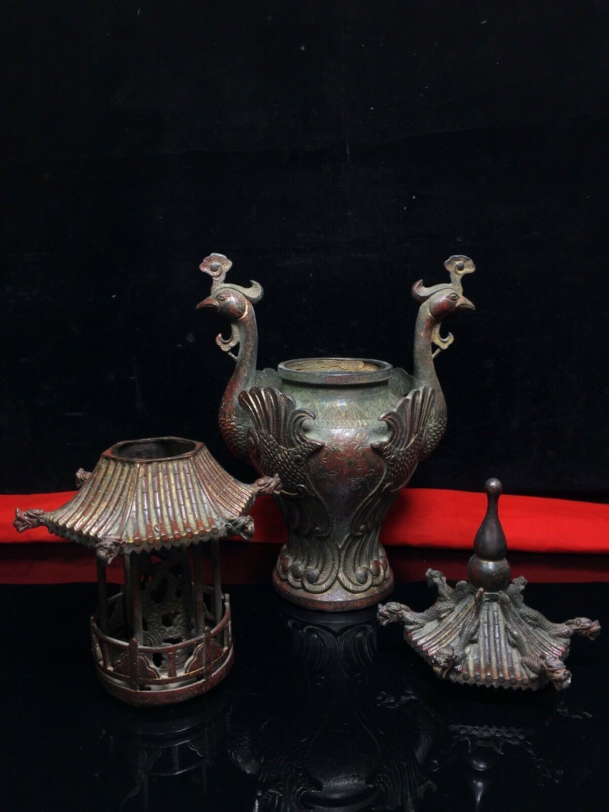 old Chinese Buddhist temple bronze Gilt Crane bird tower Incense Burner censer