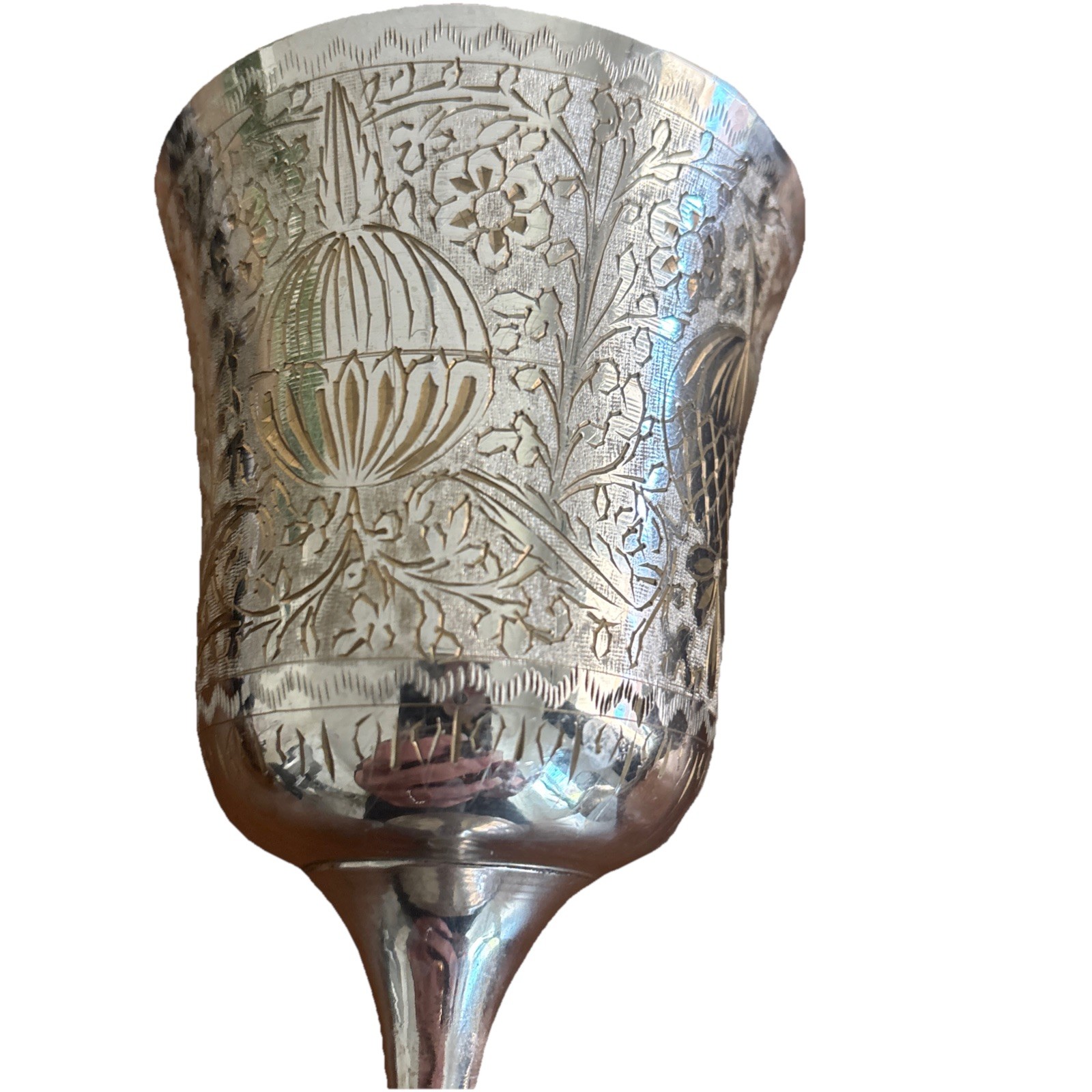 Vtg Chalice Goblet Silver Plate Brass Etched World Gift Z.Y.India 6” SET OF 2