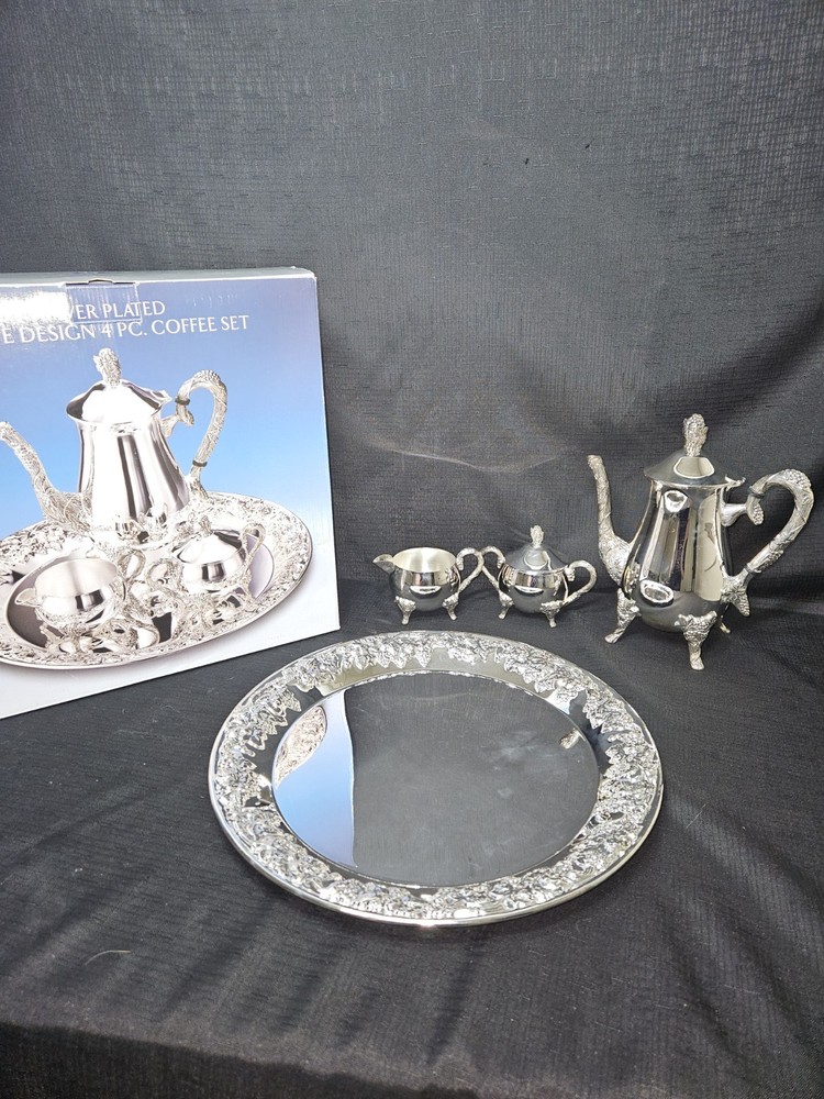 Nice Godinger Silver Plated 4 Piece Coffee Set With Elaborate Grape Design