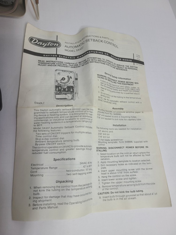 New Genuine Dayton 5X437 Timer Automatic Setback Control 24 Hour