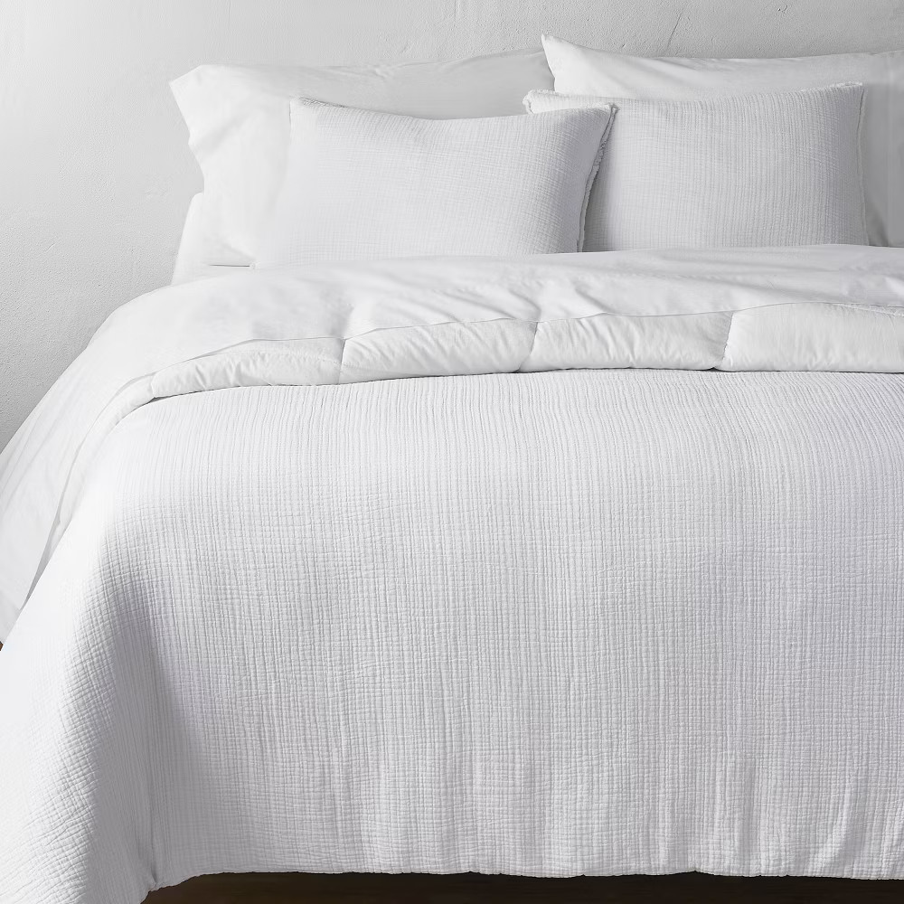 Casaluna Cotton Chambray Comforter Set Solid Year-Round, White, Full/Queen