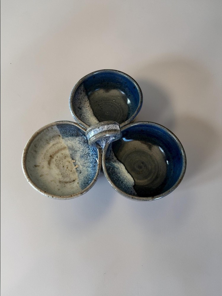 Handmade Pottery Divided Condiment Serving Dish Rustic Bowl Blue Glaze