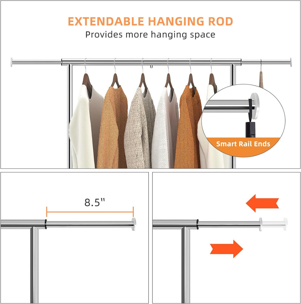 Extendable Chrome Garment Rack with Wheels and Bottom Shelf
