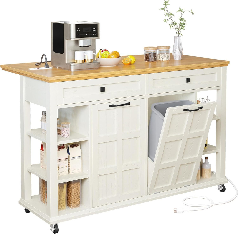 Mobile Kitchen Island with Drop Leaf & Trash Can, Off White Storage Table