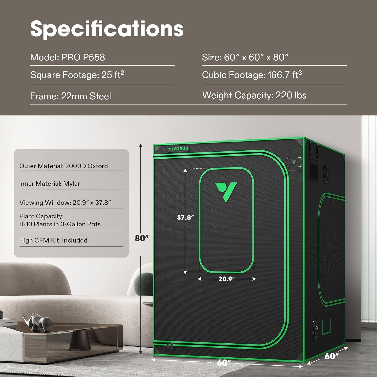 VIVOSUN P558 5x5 Grow Tent 60"x60"x80" ,High Reflective Mylar, 2000D Oxford canv