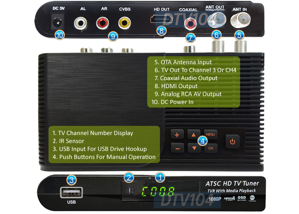Premium ATSC Digital Converter Box TV Box W/USB Multimeida Player Timer Guide