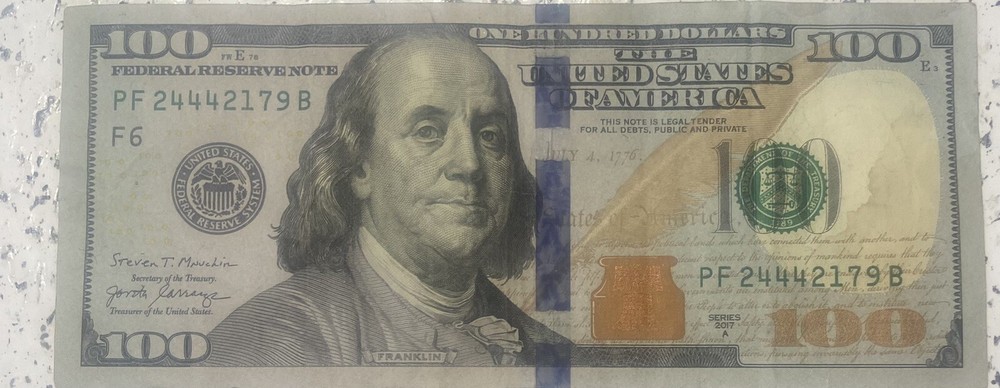 100$ Bill 2017 With A Mark On The Right Side