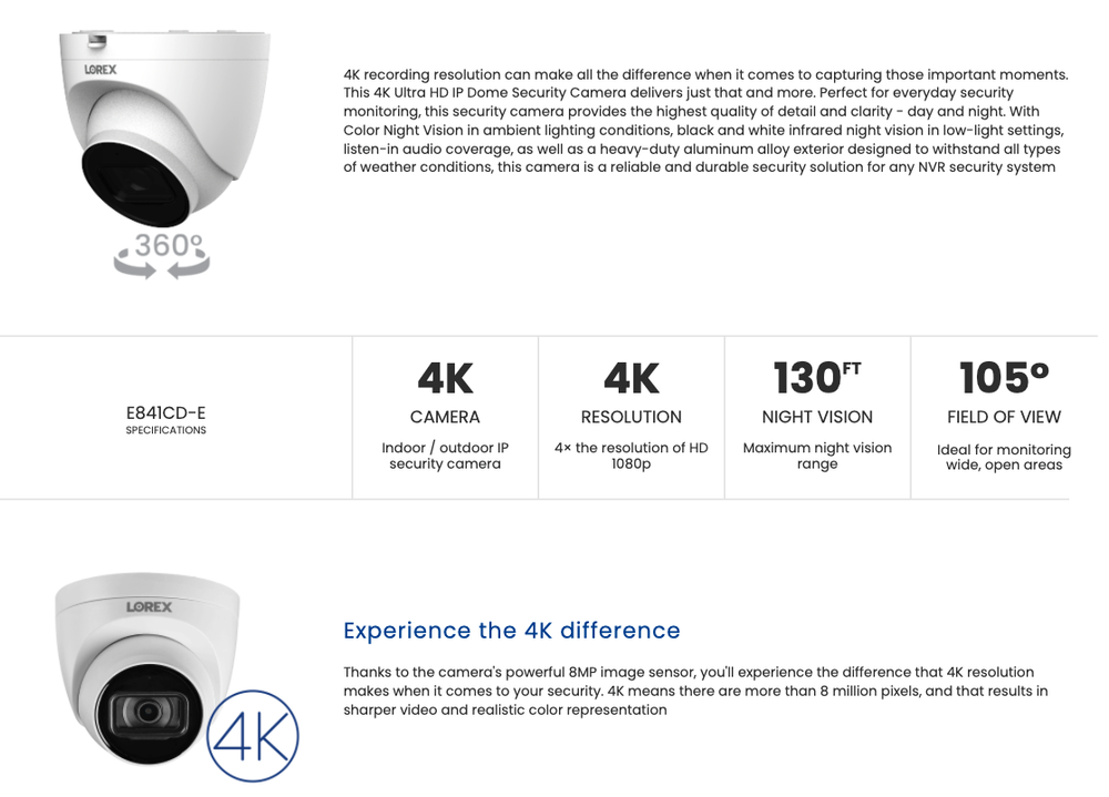 🔥 Lorex E841CD-E 4K Ultra HD Security IP Audio Recording Dome Camera 130ft 🔥