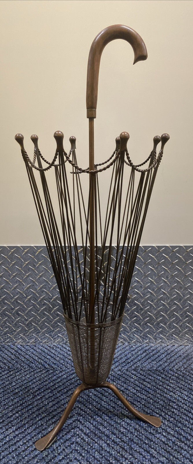 MCM Umbrella Shaped Stand Canes Umbrellas Copper Wire Wood handle 32” X 11.5”