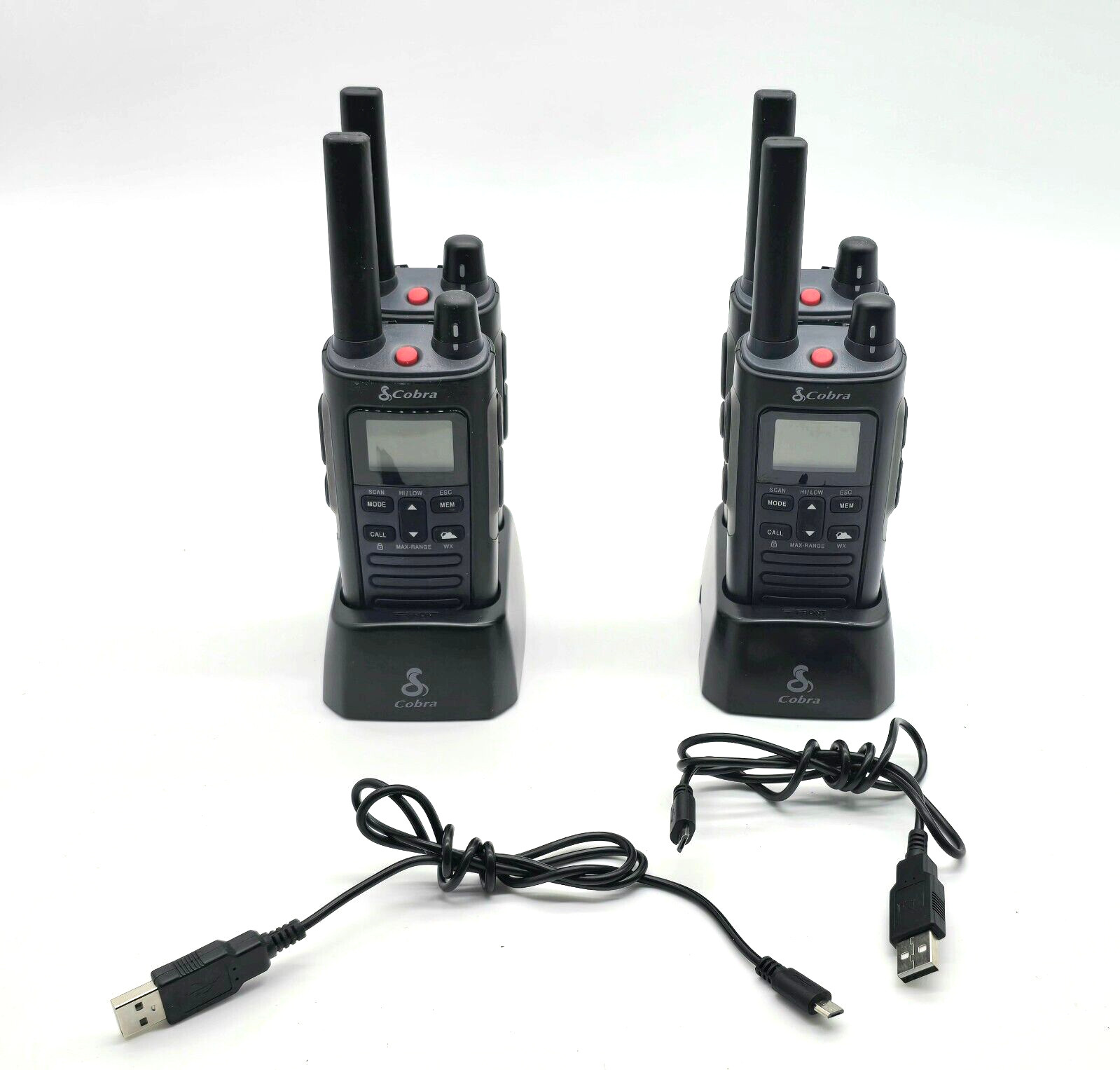 4x Gently used Cobra RX685 60 Channel Waterproof. Charged, tested, ready to use.