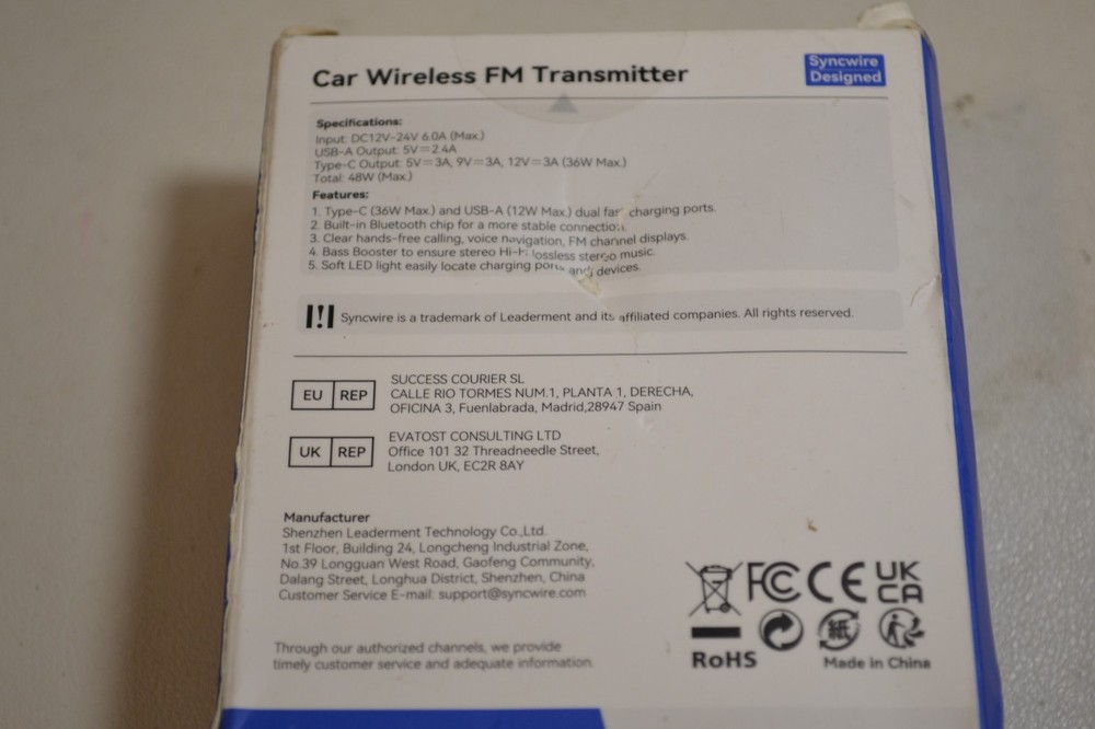 SYNCWIRE Car Wireless FM Transmitter Model: SW-XC725 BLACK