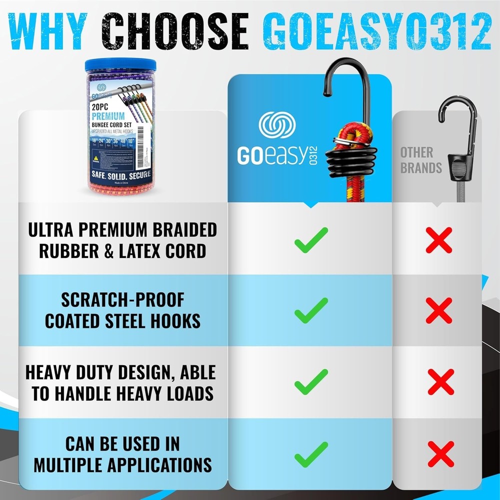 Durable 20-Piece Multicolor Bungee Cord Bundle with Hooks - Maximum Load 50kg