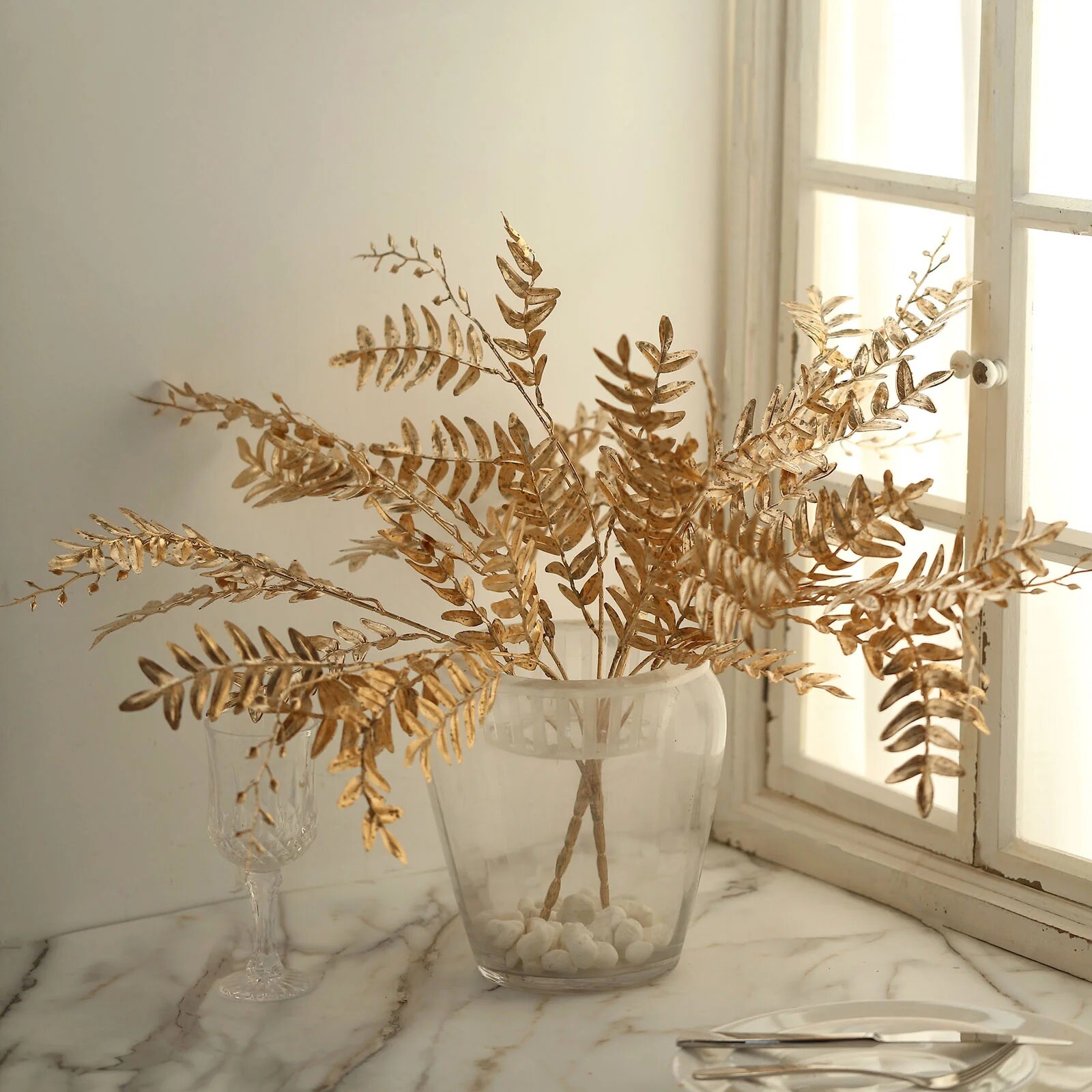 GOLD 2 Metallic 21" Artificial Fern LEAF Branches Faux Foliage Stems Party Event