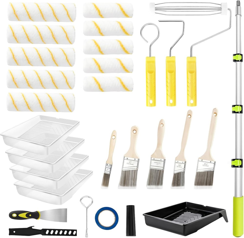 29 PCS Paint Roller Kit-Rocfinity Paint Roller with 4ft Extension Pole,Microfibe